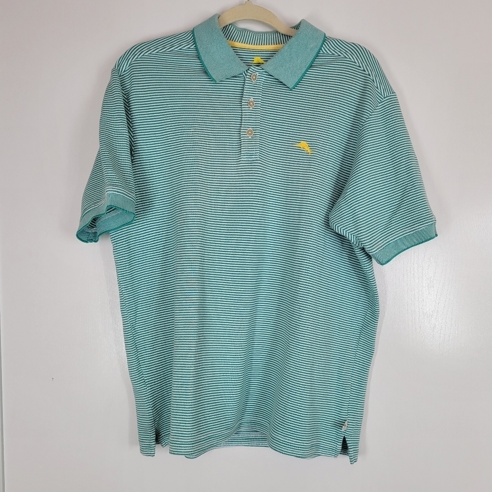 Tommy Bahama Teal and White Striped Polo Shirt